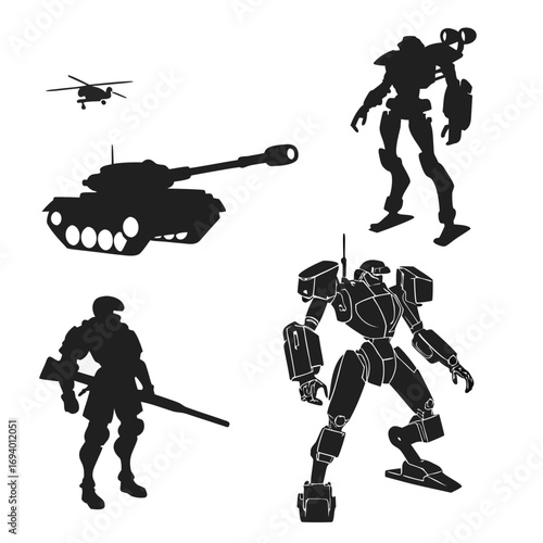 Sci fi robots tank and helicopter silhouettes mech