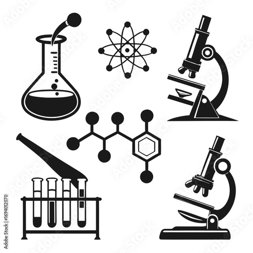 Science laboratory equipment icons flask beaker