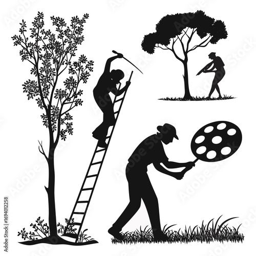 Silhouettes of people pruning trees and painting ladder