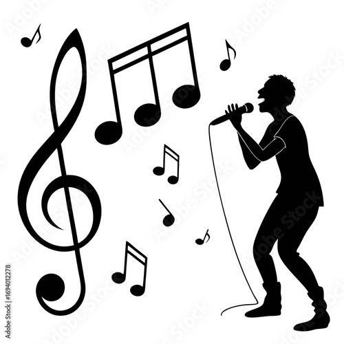 Singer with musical notes and treble clef microphone silhouette