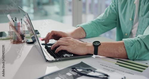 Businessman, hands or typing with laptop for accounting, statistics or finance in office. Man, accountant or analyst with computer, documents or graphs for company budget or planning in workplace