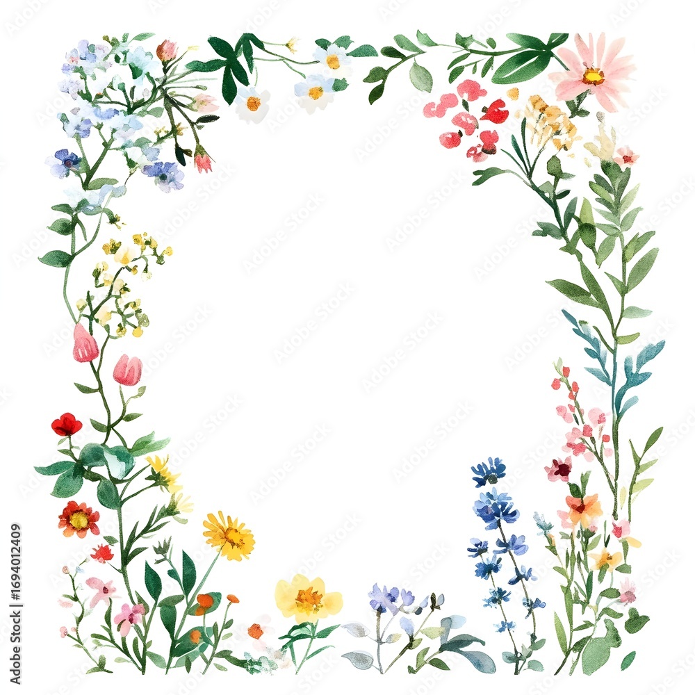 Fototapeta premium Watercolor floral frame with hand painted summer meadow wildflowers, 