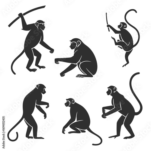 Six dark monkey silhouettes in various poses primate animal