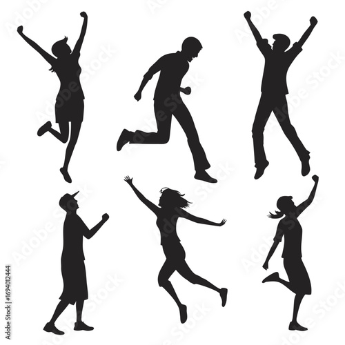 Six diverse figures in dynamic poses silhouettes people