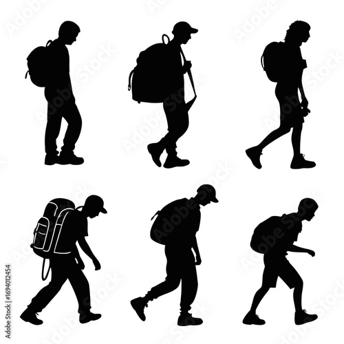 Six hikers walking with backpacks silhouettes outdoor