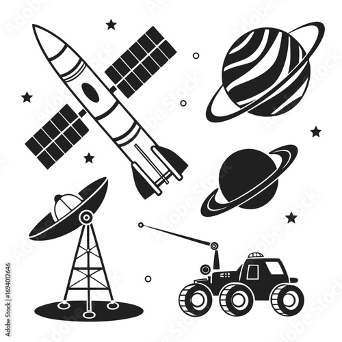 Space exploration icons rocket satellite planets rover dish stars