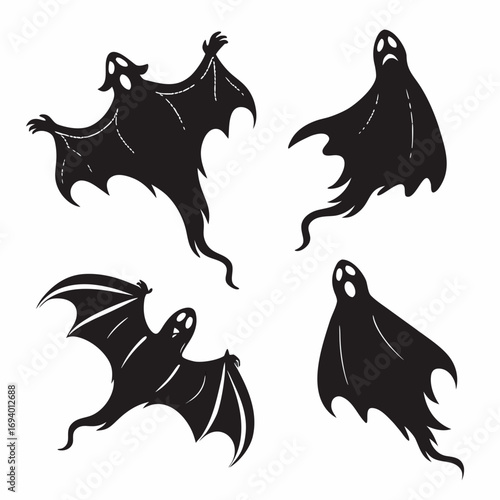 Spooky flying ghost bat and spectral figures vector