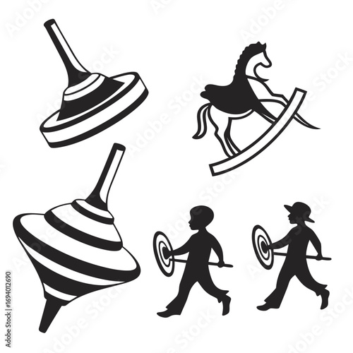 Spinning tops rocking horse children playing with hoops toy horse silhouette