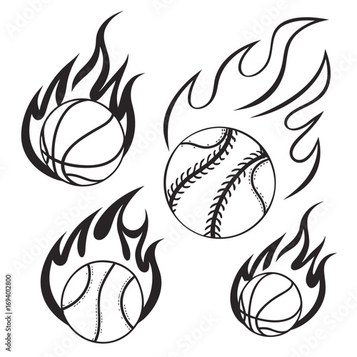 Stylized basketballs and baseballs with flames fire sports