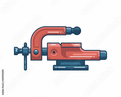 Red and Blue Clamp Illustration Tool for Construction and Woodworking Projects with Adjustable Screw Mechanism Flat Design Style on White Background