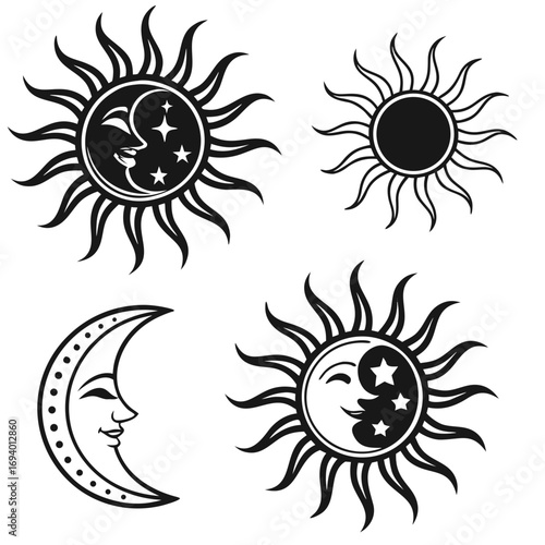 Stylized sun and crescent moon celestial icons stars