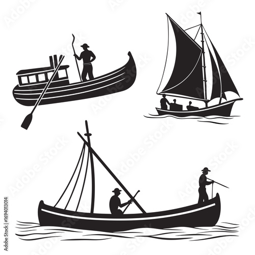 Traditional boats with people sailing and rowing fishing boat sailboat