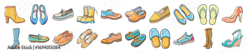 Hand drawn shoes and footwear collection - Colorful set of hand drawn footwear illustrations including boots, sandals, sneakers, heels, and loafers, ideal for fashion and retail design projects.