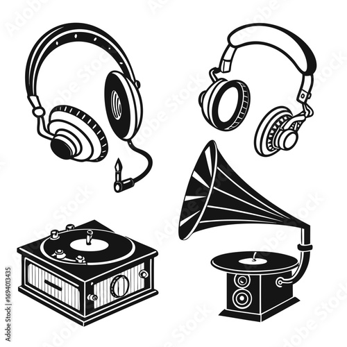 Vintage headphones and music players silhouettes gramophone turntable