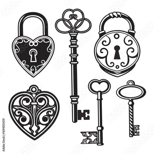 Vintage lock and key silhouettes heart shape