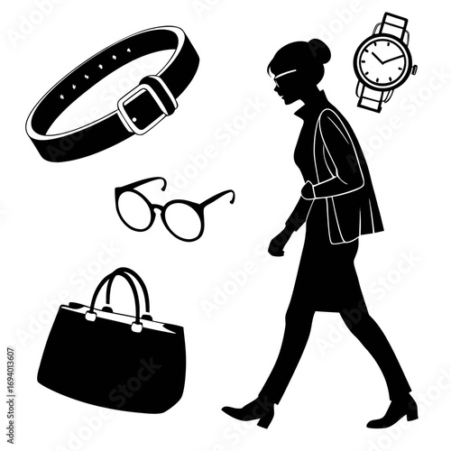 Woman walking with accessories belt glasses handbag watch silhouette fashion