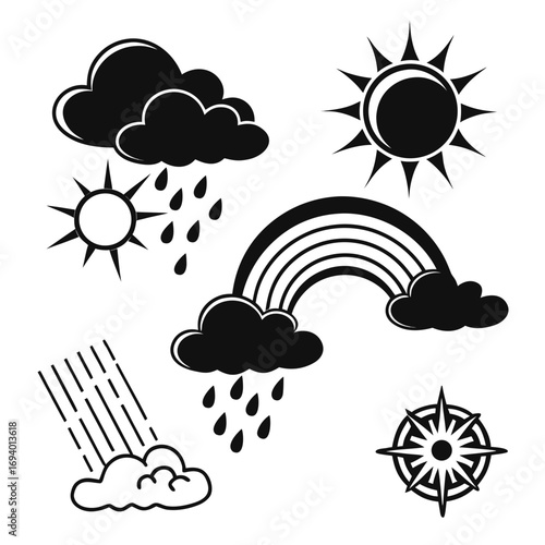 Weather icons sun rain rainbow compass vector