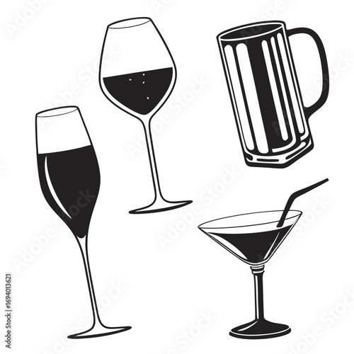 Wine champagne beer martini glass silhouettes wine glass champagne flute