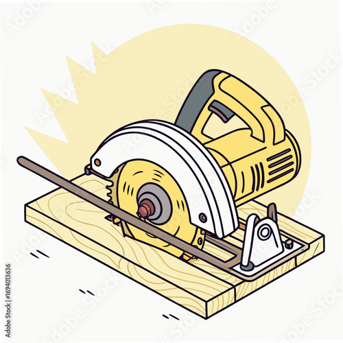 Yellow circular saw on wooden plank woodworking tool