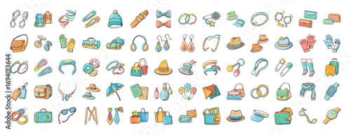 Hand drawn fashion accessories icons collection - Colorful set of hand drawn accessory illustrations including bags, hats, jewelry, sunglasses, and belts, perfect for fashion, retail