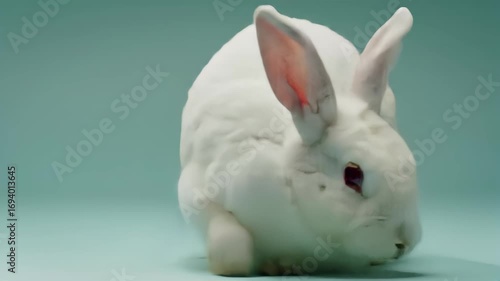 Close Up Portrait of Adorable Fluffy White Rabbit with Pink Ears on Green Background