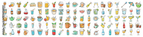 Hand drawn drinks and cocktails collection - Colorful set of hand drawn beverage illustrations featuring cocktails, juices, beer, wine, and soft drinks, perfect for food and bar designs.  