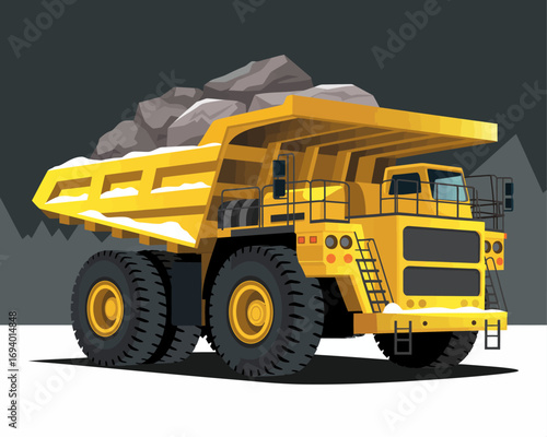 Yellow Mining Dump Truck Vector Illustration Heavy Equipment for Quarrying and Construction Delivering Rocks and Materials in an Industrial Setting