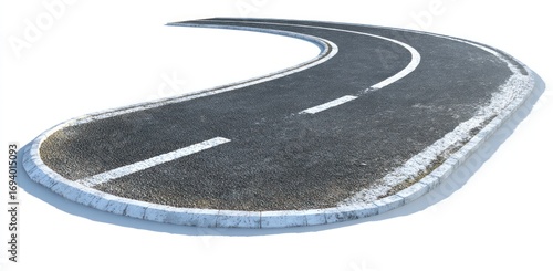 Isolated curved asphalt road segment with white lines and curb on a white background with a soft drop shadow