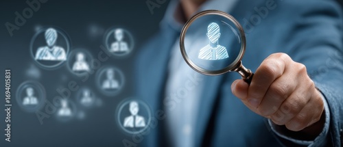 Person holding magnifying glass to illuminated avatar icons on a dark, blueish-gray background