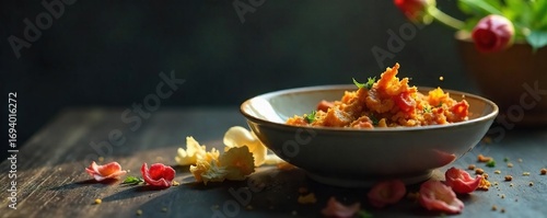 Empty bowl, half-eaten meal, wilted flowers, dim lighting conveying feelings of emptiness, sadness, and lack of appetite associated with depression , void, meal