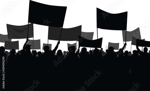 Silhouette of large protest crowd holding blank flags, showing unity and activism in social justice rally, political movement, public demonstration