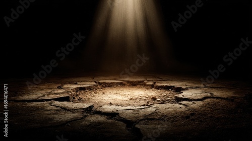 Cracked, dry ground spotlit from above. Desolate landscape with deep shadows. Earth, barren, cracked surface