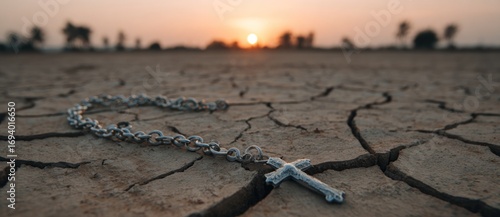 Rosary on cracked earth ground, with setting sun casting orange glow over barren landscape