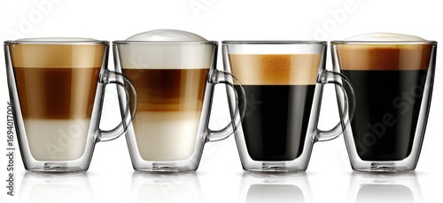 Four clear, double-walled mugs filled with layered coffee drinks and foam, casting soft reflections on a white surface