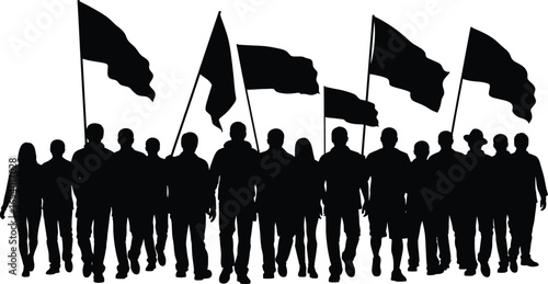 Silhouette of people marching with waving flags in protest, demonstration, or rally—vector illustration for social movement, unity, and activism