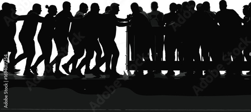 Silhouette of people pushing and crowding together during an intense group struggle or tug-of-war, showing unity and team effort.
