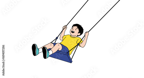 Excited young boy enjoying a thrilling ride on a playground swing set experiencing outdoor fun and joyful moments