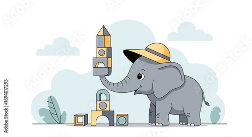 Playful baby elephant builds tall tower with colorful wooden blocks wearing a straw hat