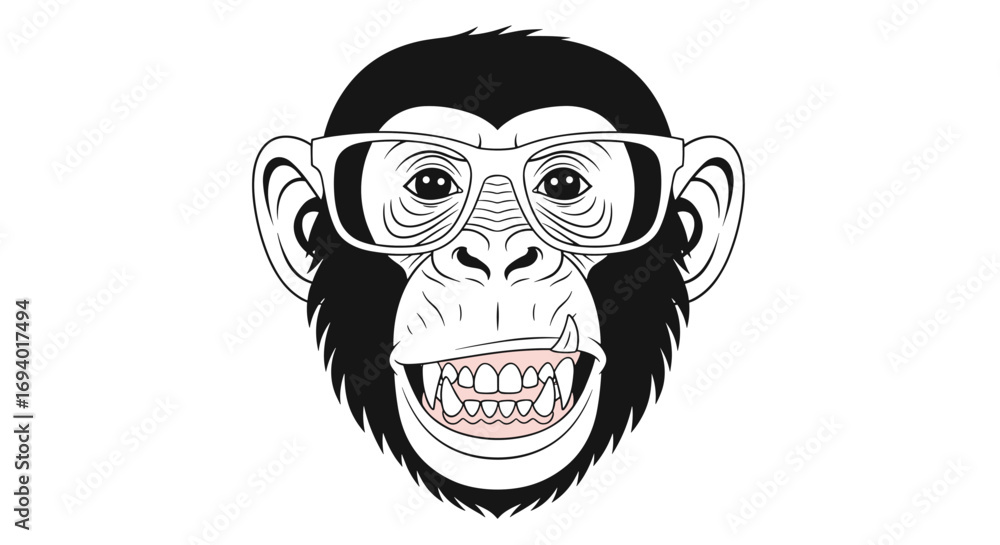 Fototapeta premium Amusing monkey with glasses showing teeth funny cute primate portrait head illustration