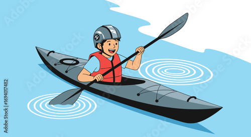 Young person wearing a life vest and helmet enjoys a calm paddle in a sleek kayak on a bright sunny day