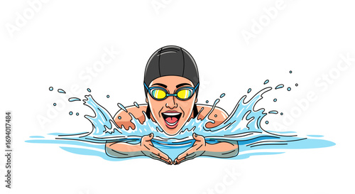 Excited woman swims with goggles and cap in clear water making a splash