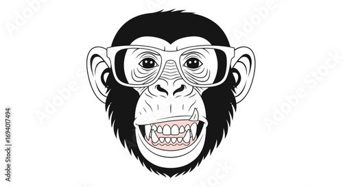 Amusing monkey with glasses showing teeth funny cute primate portrait head illustration
