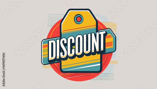 Discount price tag in retro style with vibrant colors and design  