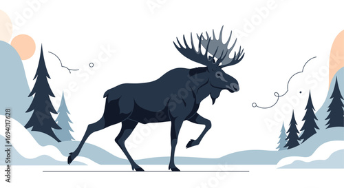Majestic moose striding through a snow covered winter forest landscape illustration