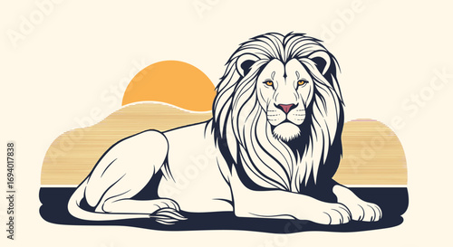 Majestic white lion resting under the golden sun surrounded by abstract golden hills