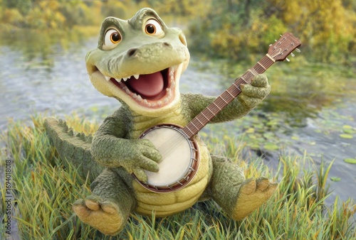 Animated alligator, playing banjo, sits happily amongst reeds, against a blurred water backdrop in daylight