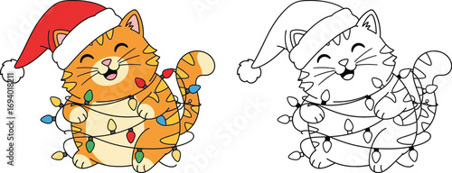 Cute Christmas Cat Tangled in Lights - Festive Feline with Santa Hat for Holiday Designs and Kids' Coloring Pages