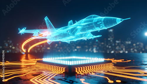 Holographic fighter jet projection in neon blue wireframe above glowing orange electronic circuit with computer chip and futuristic night city lights background in advanced digital sci fi composition