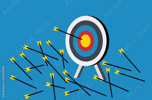 Target achieved after many failed attempts, achieving success concept illustration