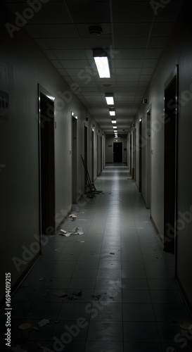 Dark, empty, neglected hallway with flickering lights and scattered trash evokes a sense of unease and mystery